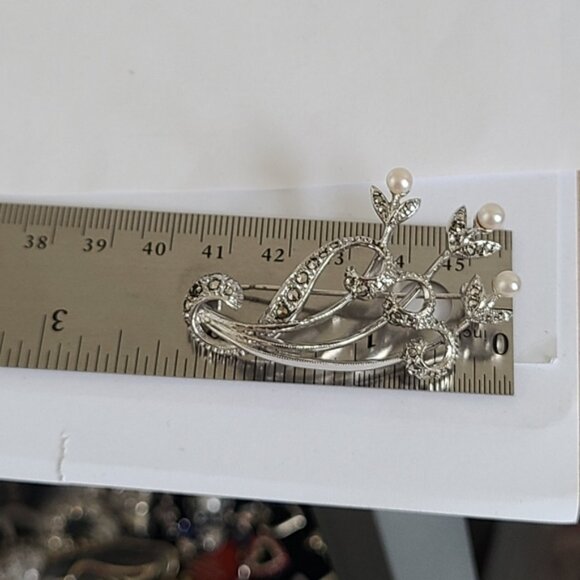 Vintage Boho Sterling Silver Marcasite Crystal Pearl Flower Brooch Pin - Picture 9 of 10